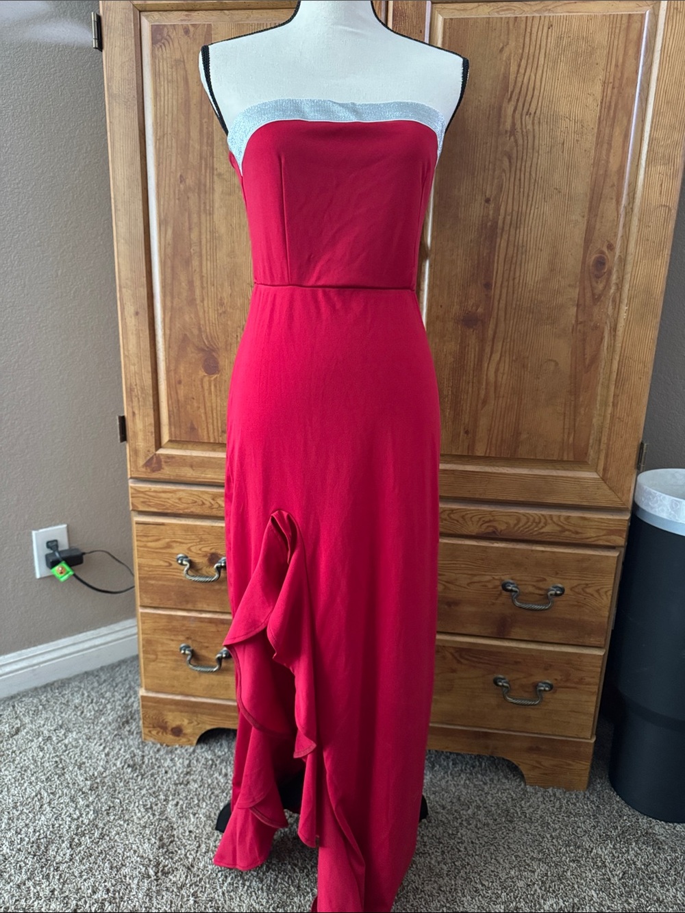 Strapless Red Maxi Dress with Silver Trim